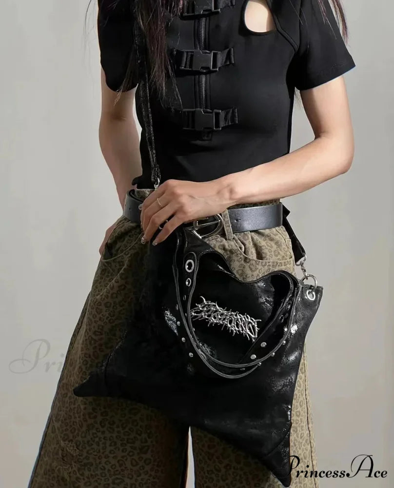 Grunge Black Gothic Dark PU Leather Large Capacity Vintage Rivet Messenger Bag Black