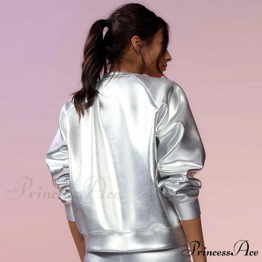 Grunge Sweatshirt Fall Nightclub PU Women’s Fairy 2024 Pullover Casual Metallic Spring Silver - Long Arm O Neck Coat