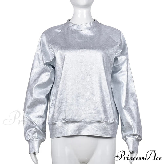 Grunge Sweatshirt Fall Nightclub PU Women’s Fairy 2024 Pullover Casual Metallic Spring Silver - Long Arm O Neck Coat