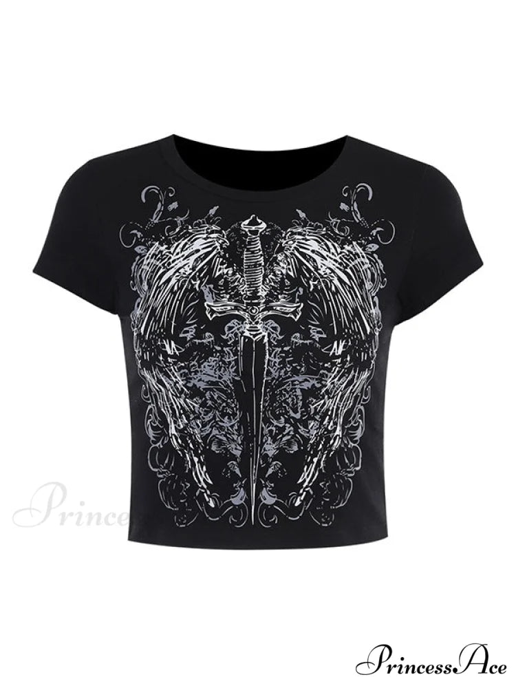 Grunge Wing Print Trendy Ribbed Knit Crop Top