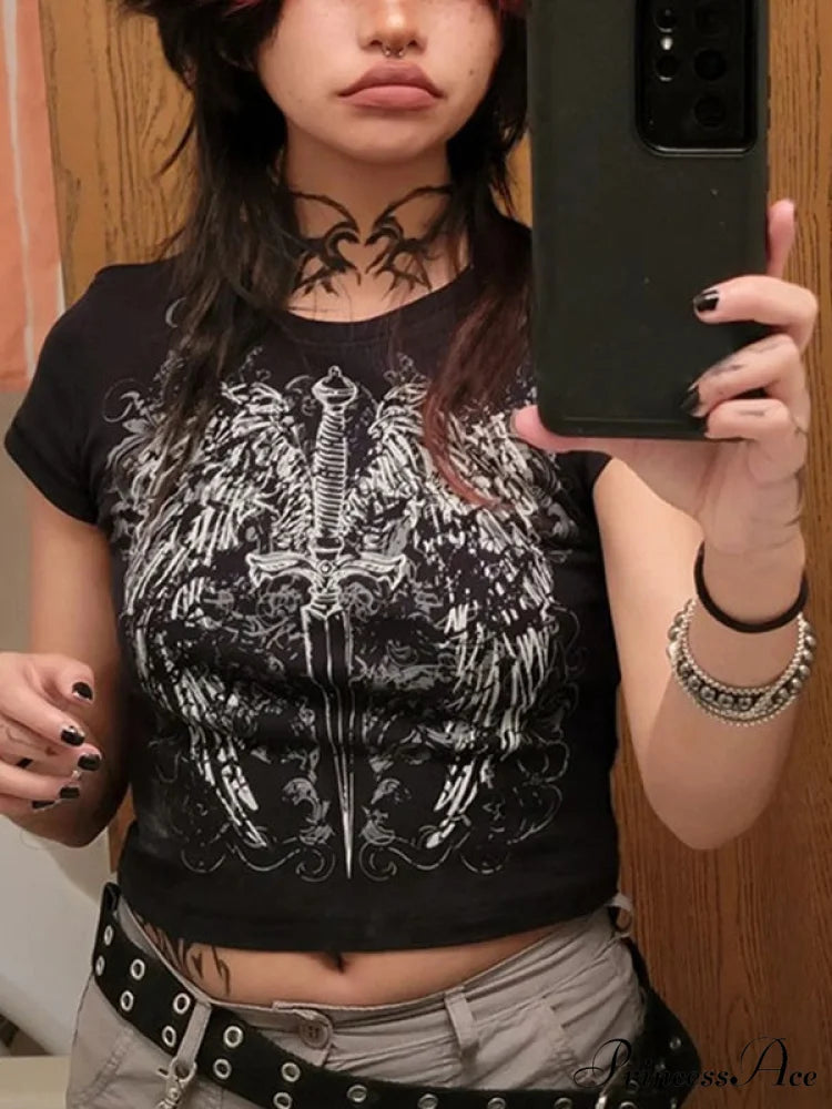 Grunge Wing Print Trendy Ribbed Knit Crop Top