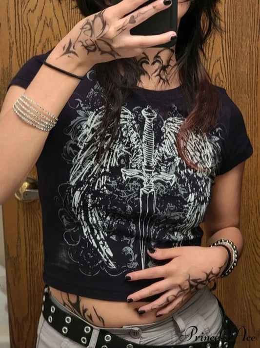 Grunge Wing Print Trendy Ribbed Knit Crop Top Black / S