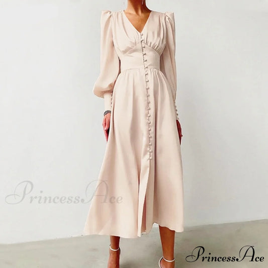 Guest Wedding Satin Full-Length Silk Gown Mid-Calf Empire Evening Vintage Party Buttons Dress Beige / XS