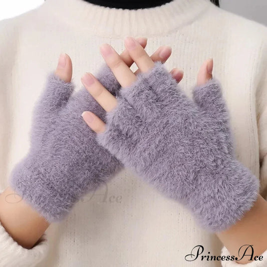 Half Finger Imitation Mink Cashmere Woolen Driving Glove for Winter Outdoor Christmas Grey