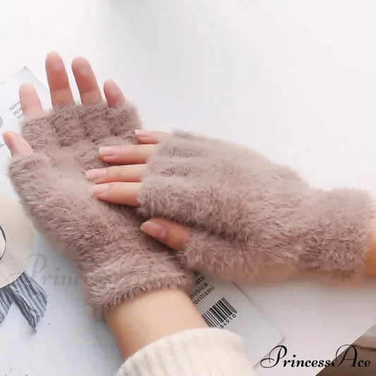 Half Finger Imitation Mink Cashmere Woolen Driving Glove for Winter Outdoor Christmas Khaki