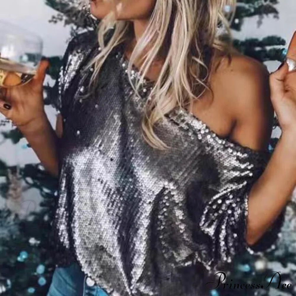 Half Sleevele Glitter Solid Sequin T-Shirt Blouse Coffe / S