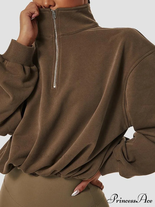 Half Zip Long Trendy Sleeve Crop Top Brown / S