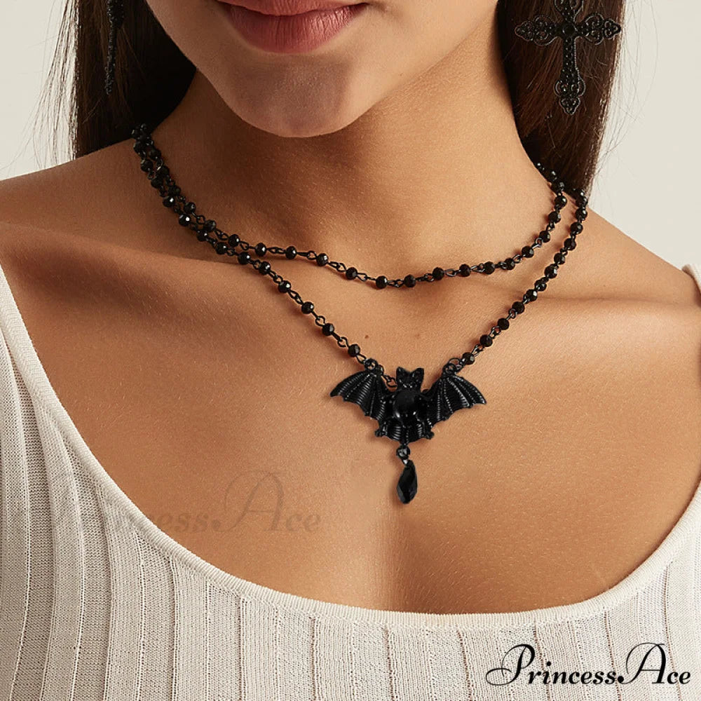Halloween Gift Retro Black Bat Pendant Necklace BLACK