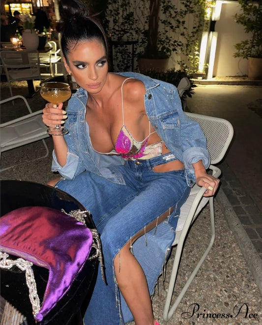 HALSEY BUTTERFLY Stylish SEQUIN TOP Purple / S