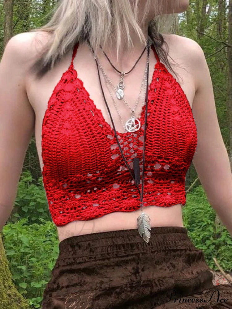 Halter Crochet Hollow Trendy Out Maxi Dress Red / S