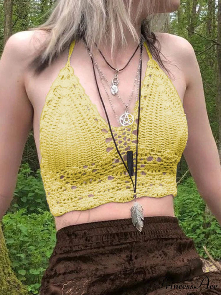 Halter Crochet Hollow Trendy Out Maxi Dress Yellow / S
