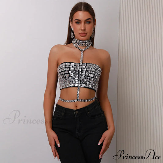 Halter Embellished Lace-Up Bandage Crop Formal Dress black / XS promdress-250223