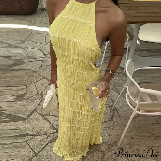 Halter Folded Bohemian Holiday Dress 01 Yellow / S vacationdress-250223