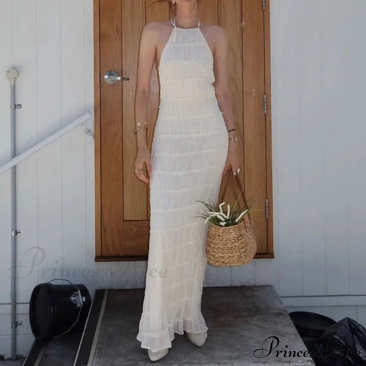 Halter Folded Bohemian Holiday Dress 02 White / S vacationdress-250223