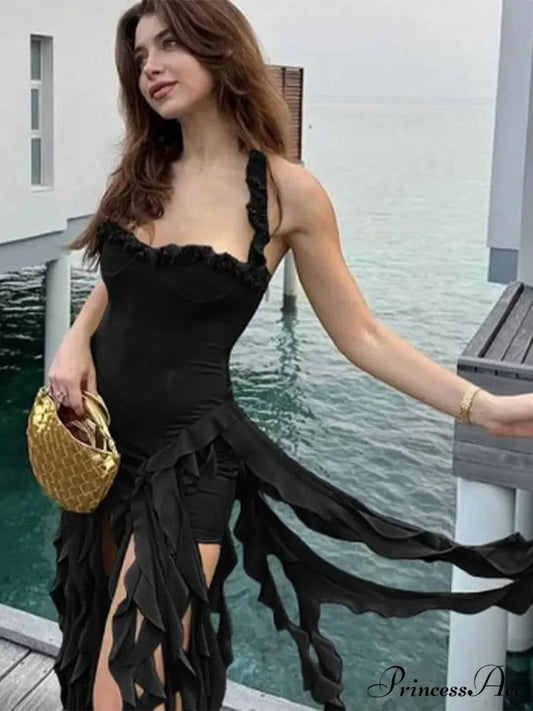 Halter Fringe Stylish Midi Dress Black / L