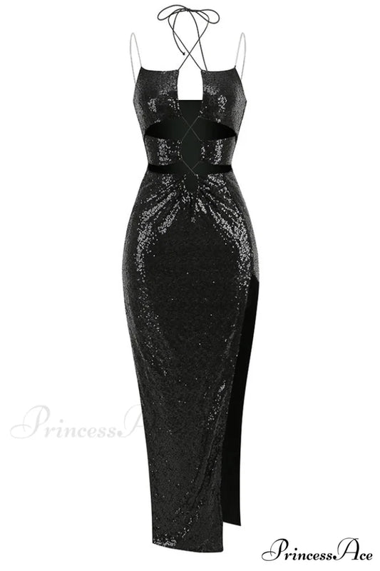 Halter Lace Up Charming Sequin Maxi Dress XS / Black