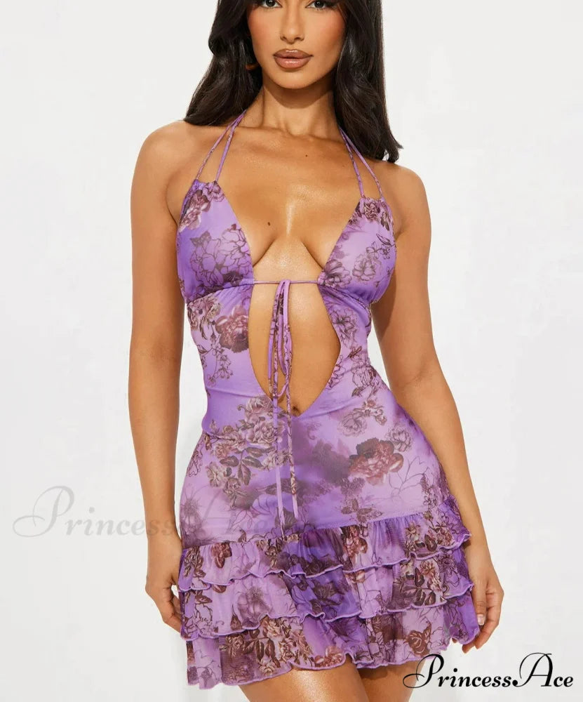 Halter Lace-Up Frilled Mini Dress minidress-250223