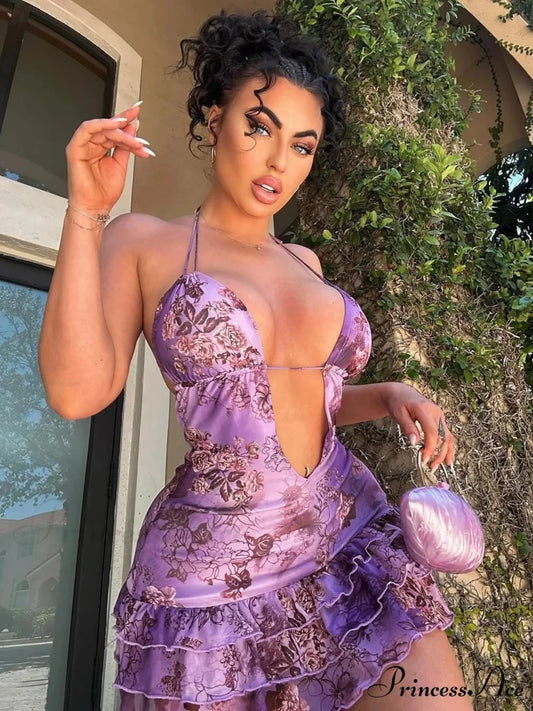 Halter Lace-Up Frilled Mini Dress PURPLE / S minidress-250223