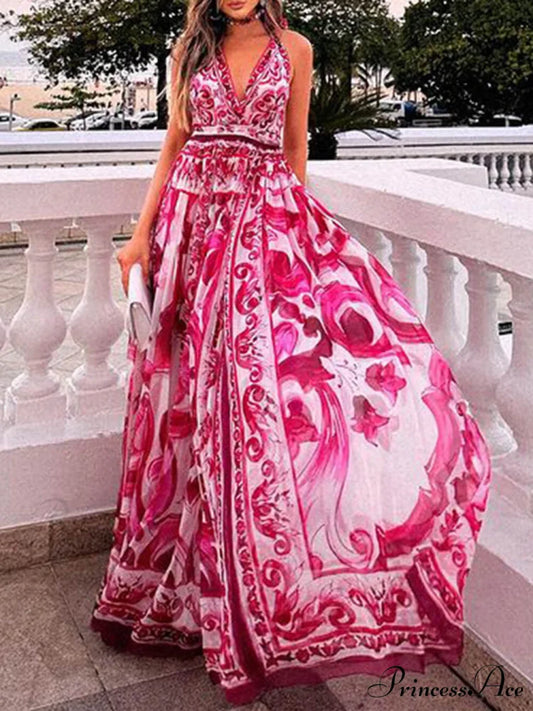 Halter Neck Backless Charming Printed Maxi Dress Rose Red / S
