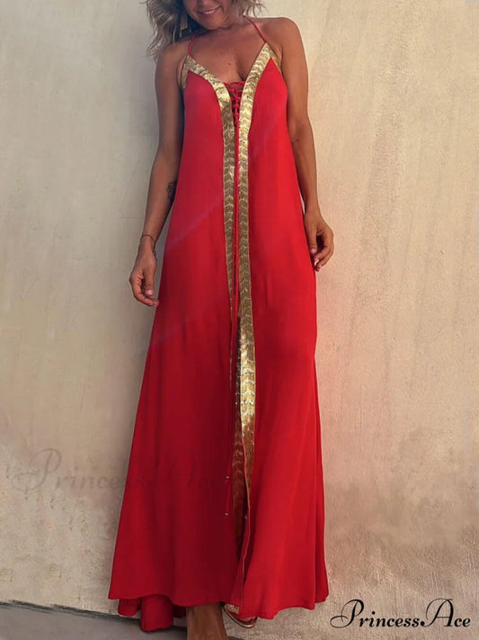 Halter Neck Casual Charming Resort Maxi Dress Red / S