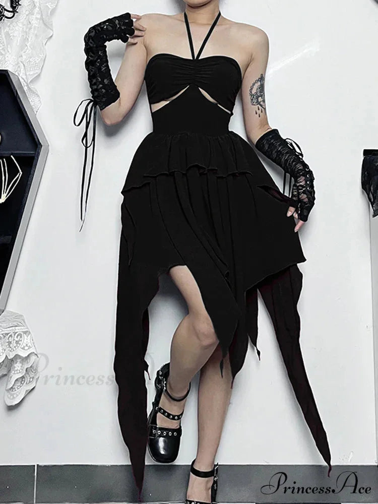 Halter Neck Sexy Sleeveless Ruched Bodycon Asymmetrical A-Line Hem Party Cocktail Mini Dress Black / S