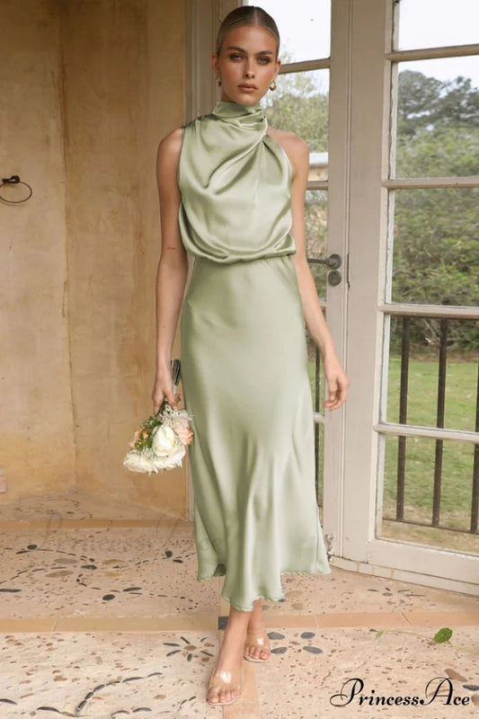 Halter Sleeveless Stylish Satin Bridesmaid Dress S / Soft Khaki