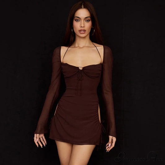 Halter Tie Strap Ruched Cut Classic Out Club Mini Dress - Black S / Chocolate