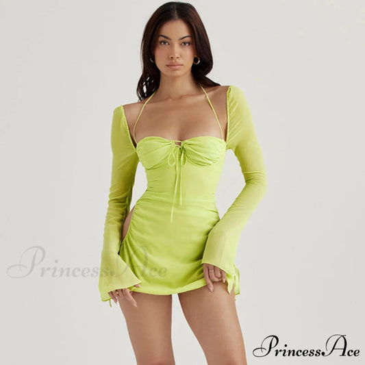 Halter Tie Strap Ruched Cut Classic Out Club Mini Dress - Chocolate S / Green