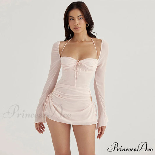 Halter Tie Strap Ruched Cut Classic Out Club Mini Dress - Green S / Light Pink