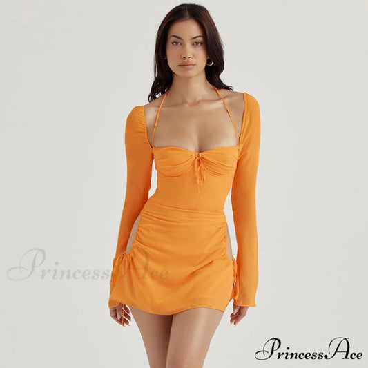 Halter Tie Strap Ruched Cut Out Sophisticated Club Mini Dress - Light Pink S / Orange