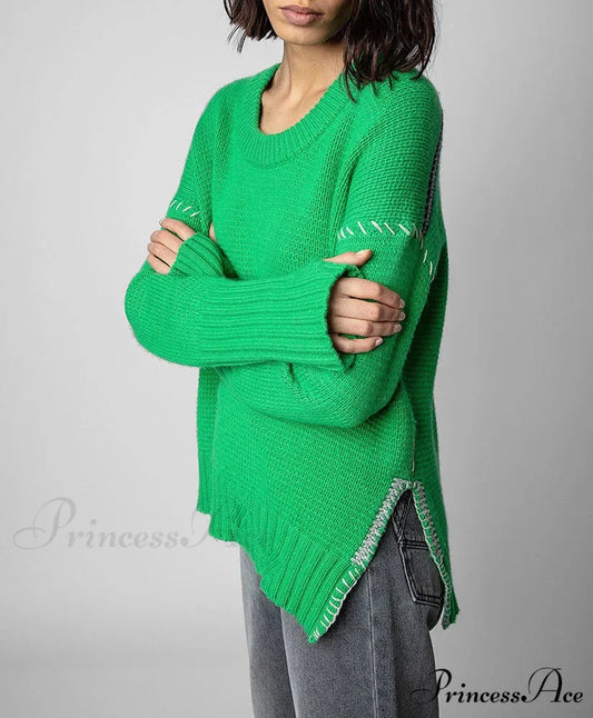 Hand-Woven Loose O-Neck Slit Hem Green Autumn Winter Christmas Sweater