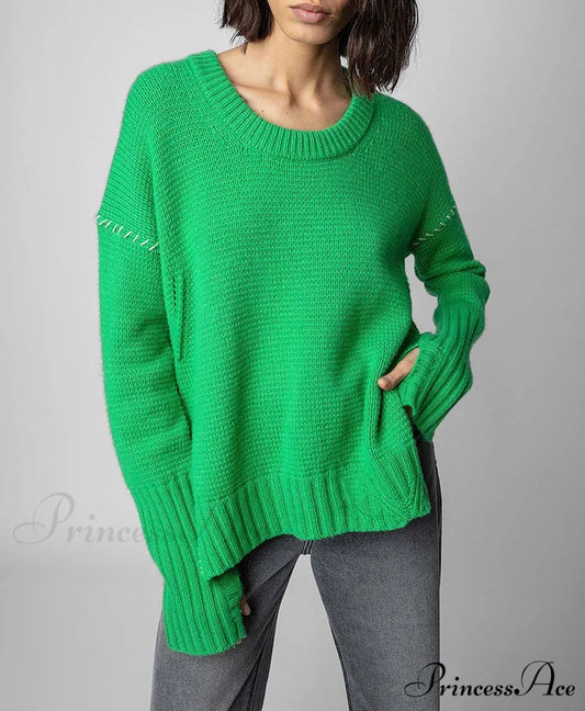 Hand-Woven Loose O-Neck Slit Hem Green Autumn Winter Christmas Sweater Green / S