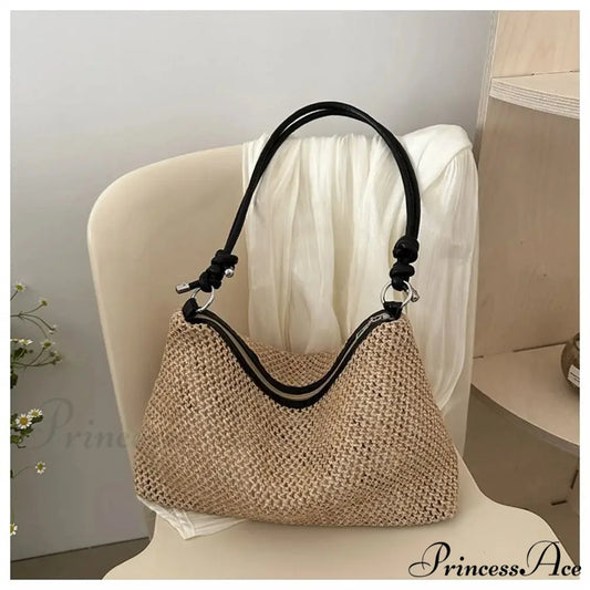 Handcrafted Plaited Straw Seaside Tote Bag Black shoulder-250126