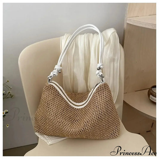 Handcrafted Plaited Straw Seaside Tote Bag White shoulder-250126