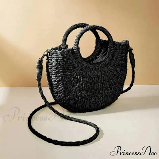Handcrafted Straw Rattan Seaside Crossbody Purse Black handbag-250126