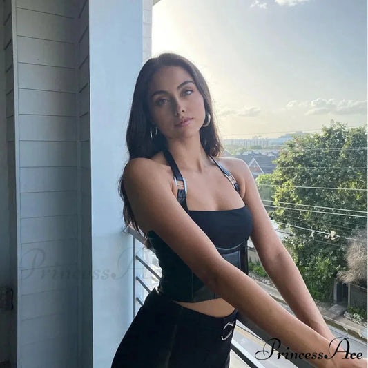 Hanging Neck Sexy Black Nightclub Matte Charm Hot High Street Shrink Gather Women’s Navel Short Vest Tank top Black / S