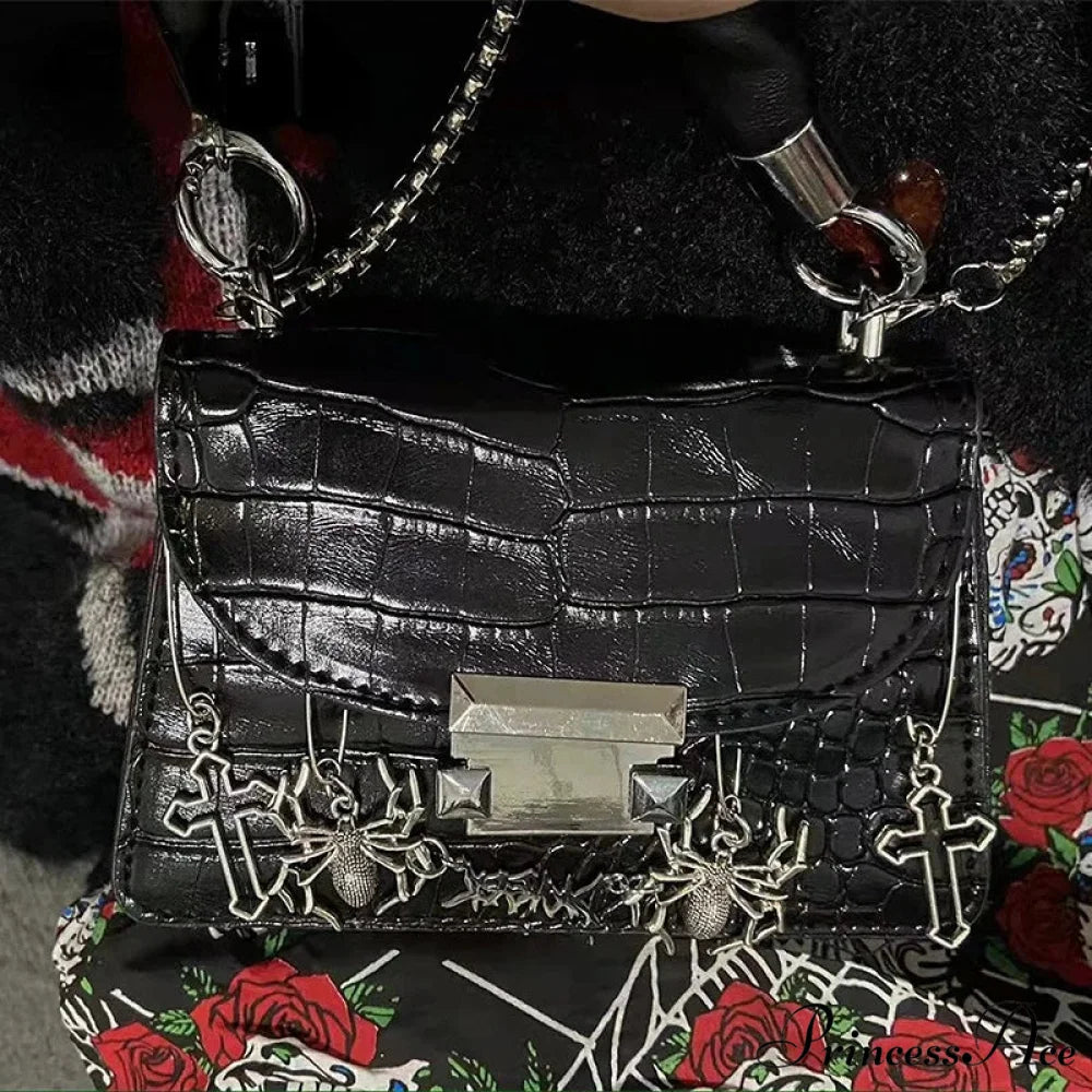 Harajuku Gothic Halloween Spider Cross Punk Metal Rock Shoulder Bag Black / 16X11X7cm