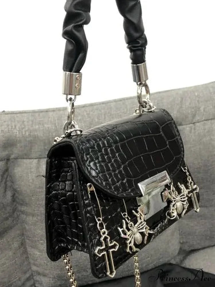 Harajuku Gothic Halloween Spider Cross Punk Metal Rock Shoulder Bag Black / 16X11X7cm