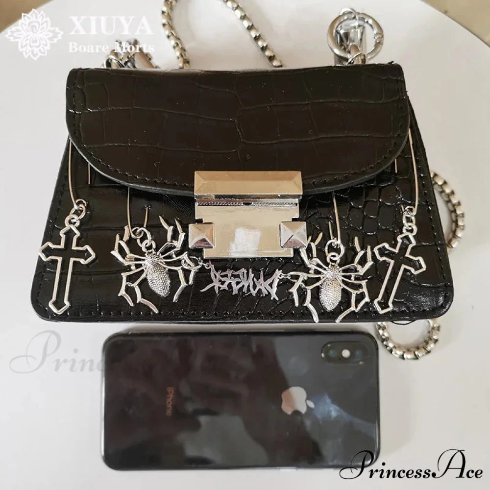 Harajuku Gothic Halloween Spider Cross Punk Metal Rock Shoulder Bag Black / 16X11X7cm