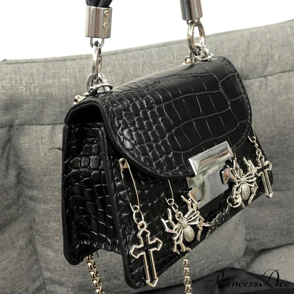 Harajuku Gothic Halloween Spider Cross Punk Metal Rock Shoulder Bag Black / 16X11X7cm