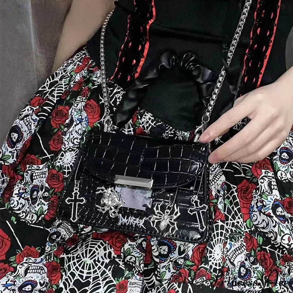 Harajuku Gothic Halloween Spider Cross Punk Metal Rock Shoulder Bag Black / 16X11X7cm