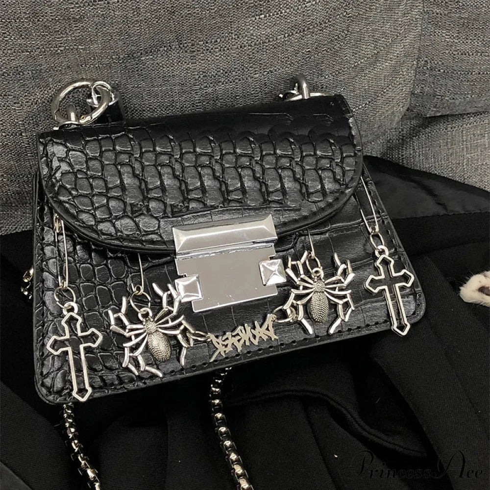 Harajuku Gothic Halloween Spider Cross Punk Metal Rock Shoulder Bag Black / 16X11X7cm