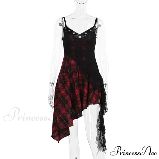 Harajuku Gothic Plaid Y2K 2000s Lace Patchwork Spaghetti Strap Streetwear V-Neck Gothic Dress Red / M