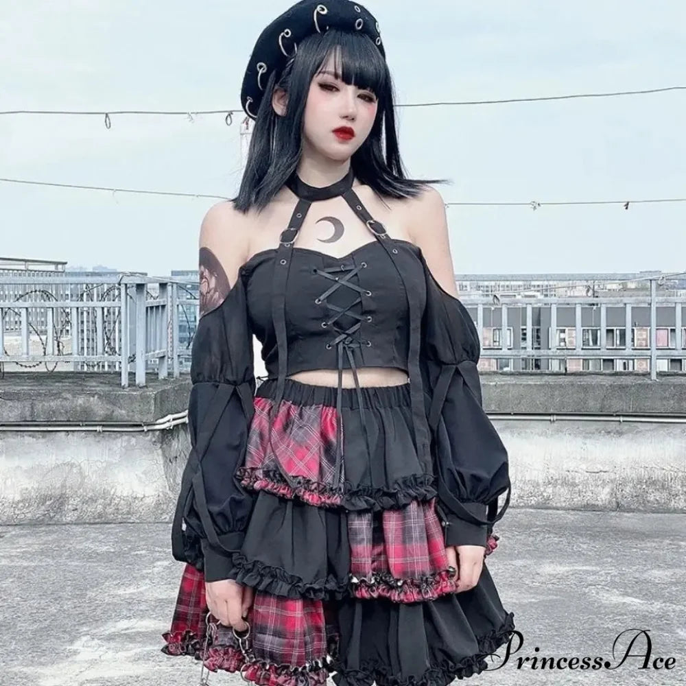 Harajuku Two-dimensional Dark Petticoat Cosplay Red Plaid Stitching High Waist A-line Spice Girl Rock Skirt RED / One