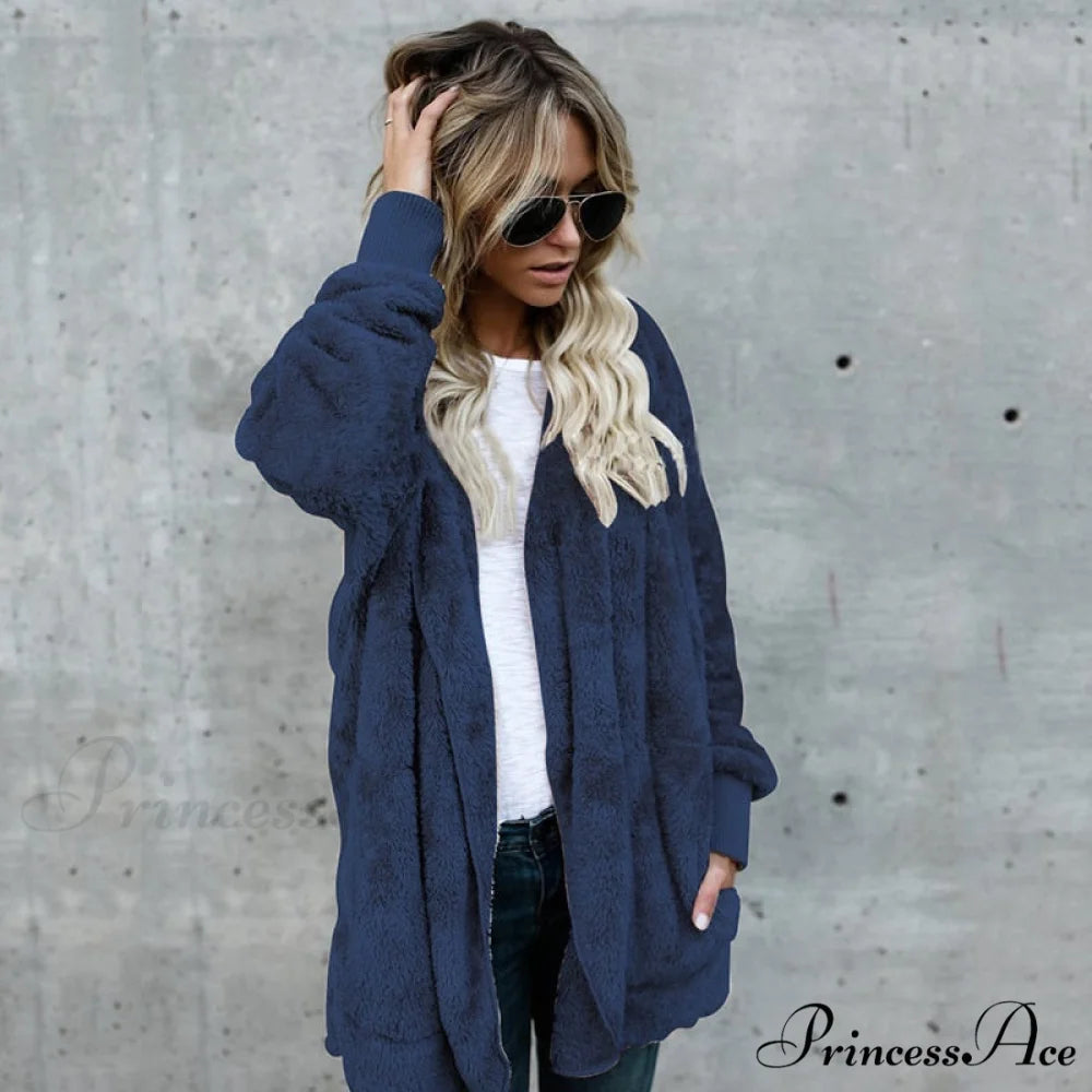 Harajuku Women Loose Long Cardigan Ladies Warm Coat Outwear royal blue / S