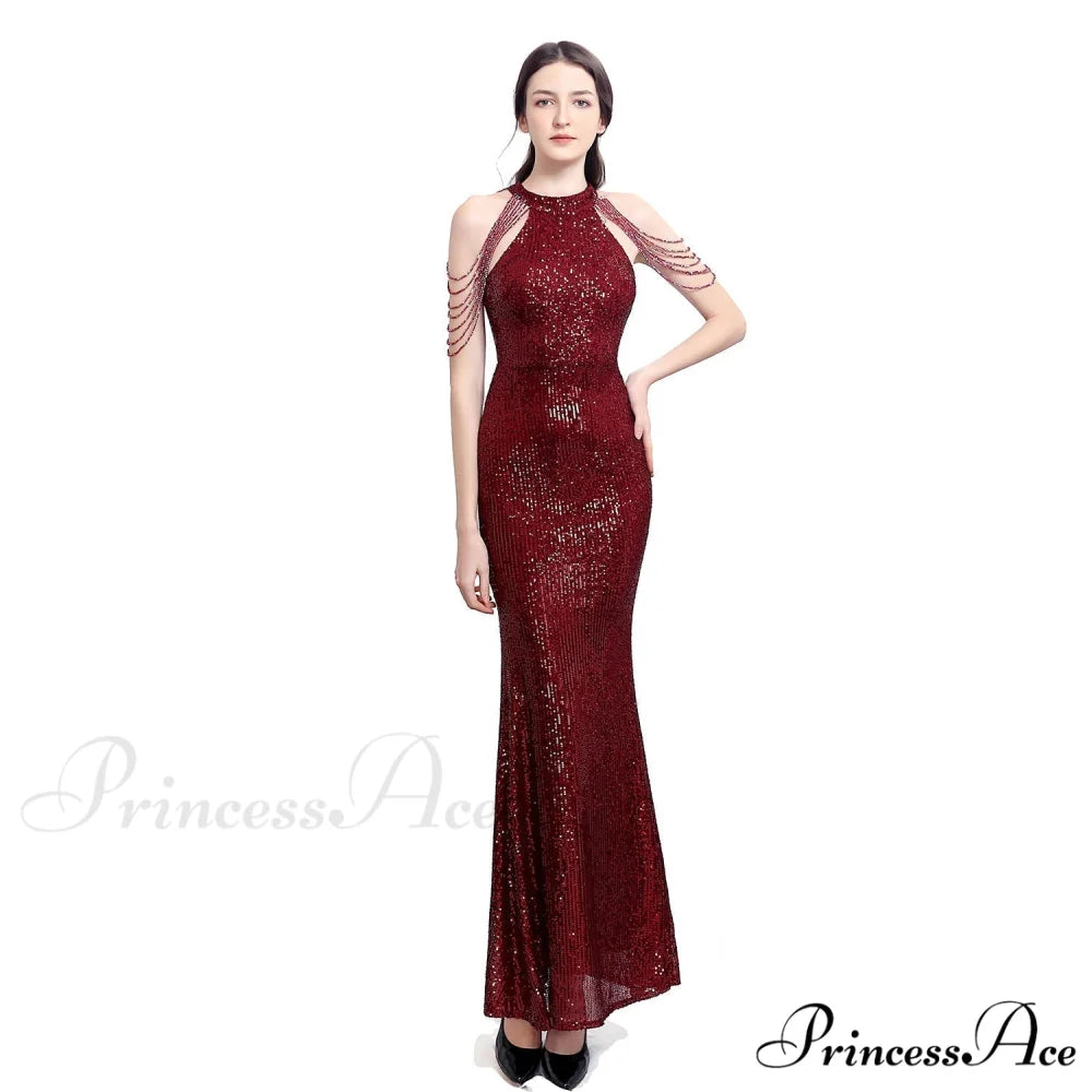 Harper formal Stylish sequin halterneck dress BURGUNDY / XS