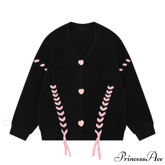 Heart Buttons Ribbion Charming Lace Up Cardigan black / S