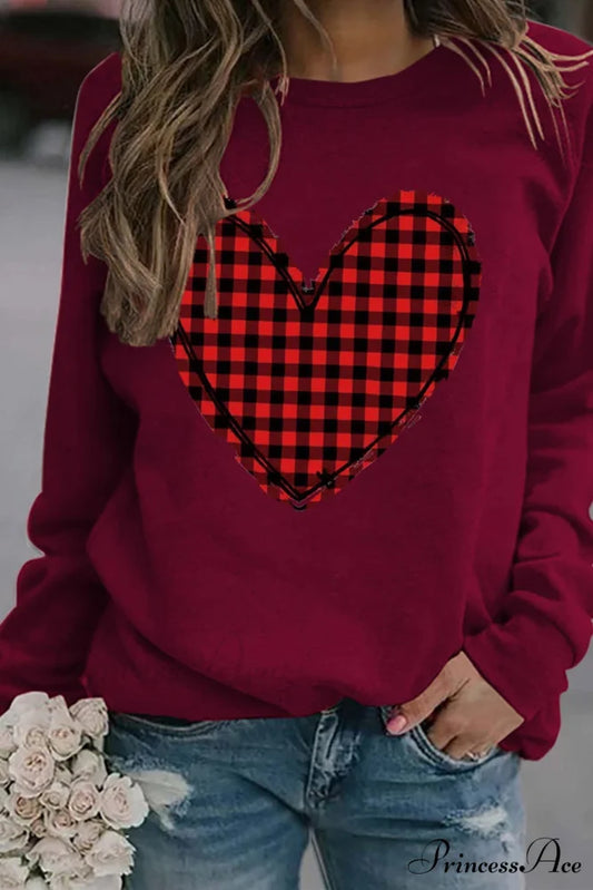 Heart Graphic Plaid Sweatshirt Maroon / S