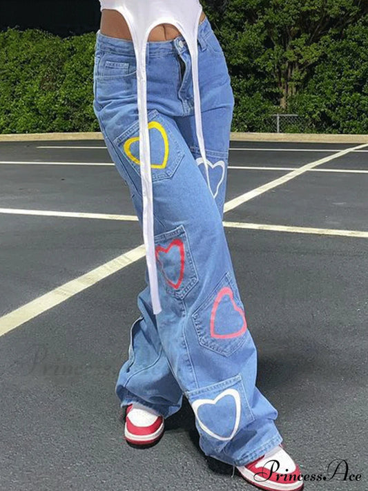 Heart Pattern Graceful Zipper Hoodie Blue / S