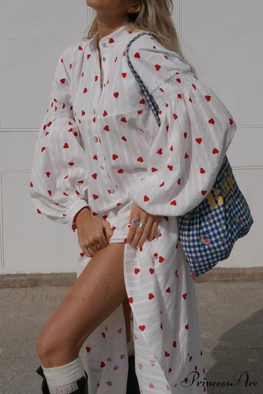 Heart Print Puff Sleeve Cotton Dress White / M